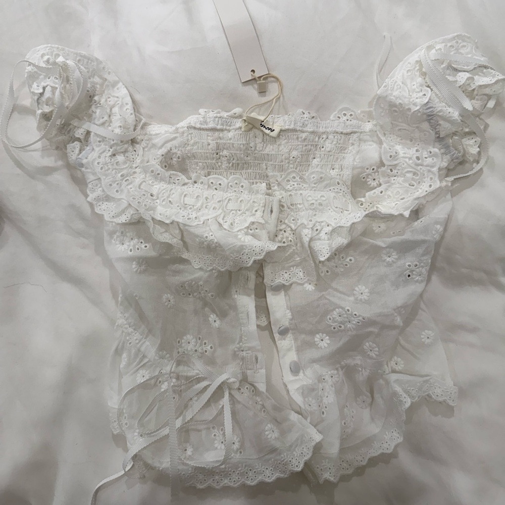White Lace Blouse with Ruffle Details for love and lemons